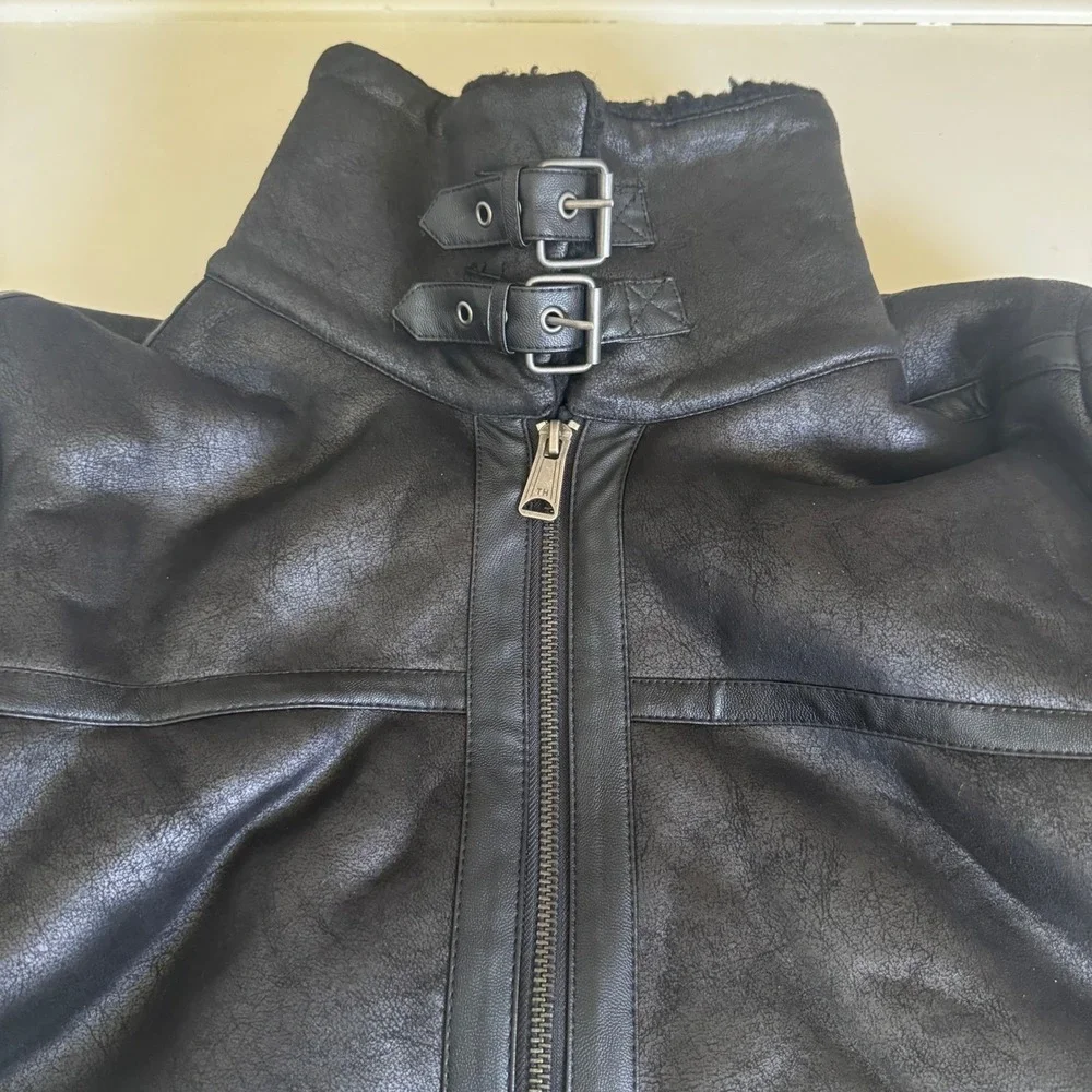 Tommy Hilfiger Men's Black‎ Faux Leather Shearling Lined Aviator Jacket Size L